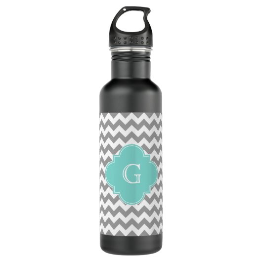 Gray Wht Chevron Aqua Quatrefoil Monogram Waterfles (Voorkant)