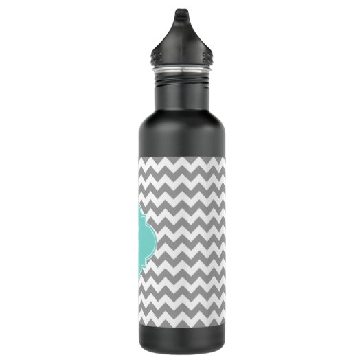 Gray Wht Chevron Aqua Quatrefoil Monogram Waterfles (Rechts)