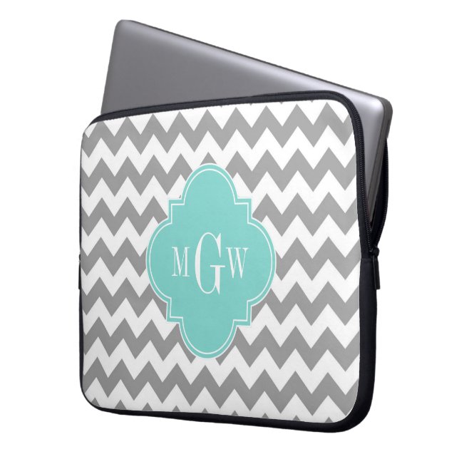 Gray Wht Chevron Aqua Turq Quatrefoil 3 Monogram Laptop Sleeve (Voorkant Links)