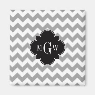 Gray Wht Chevron Black Quatrefoil 3 Monogram Magneet