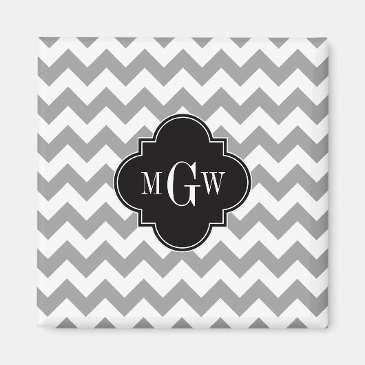 Gray Wht Chevron Black Quatrefoil 3 Monogram Magneet (Voorkant)