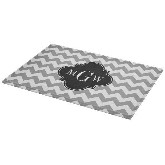Gray Wht Chevron Black Quatrefoil 3 Monogram Snijplank (Hoek)
