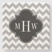 Gray Wht Chevron Black Quatrefoil 3 Monogram Stenen Onderzetter (Voorkant)