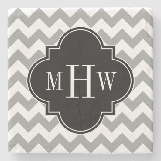 Gray Wht Chevron Black Quatrefoil 3 Monogram Stenen Onderzetter (Voorkant)