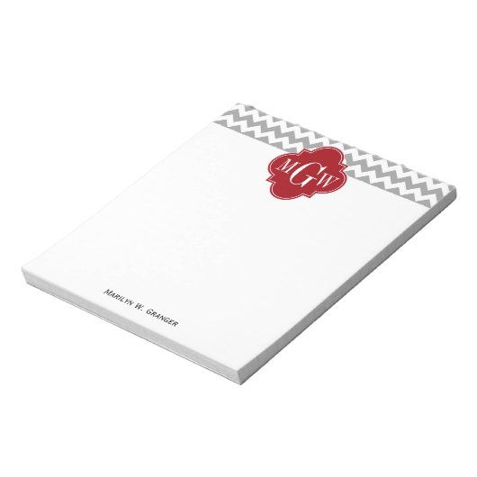 Gray Wht Chevron Cranberry Quatrefoil 3 Monogram Notitieblok (Linkerzijde)