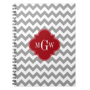 Gray Wht Chevron Cranberry Quatrefoil 3 Monogram Notitieboek