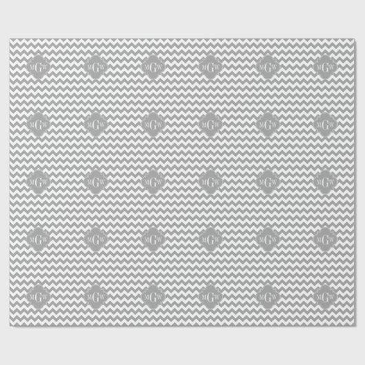 Gray Wht Chevron Dk Gray Quatrefoil 3 Monogram Cadeaupapier (Vlak)