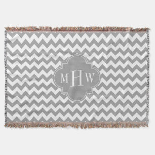 Gray Wht Chevron Dk Gray Quatrefoil 3 Monogram Deken