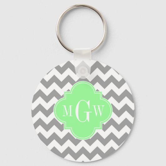 Gray Wht Chevron Mint Quatrefoil 3 Monogram Sleutelhanger (Voorkant)