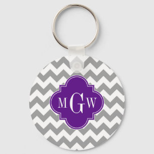 Gray Wht Chevron Paars Quatrefoil 3 Monogram Sleutelhanger