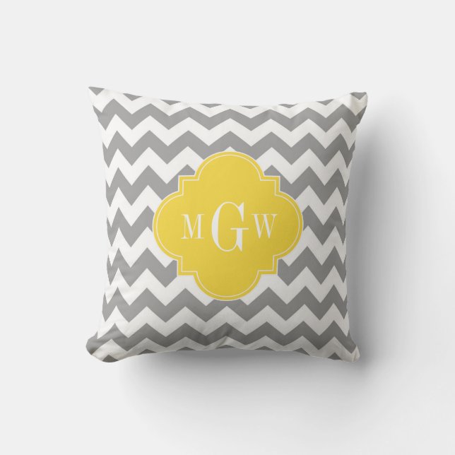 Gray Wht Chevron Pineapple Quatrefoil 3 Monogram Kussen (Voorkant)