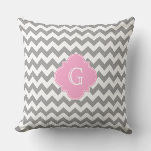 Gray Wht Chevron Pink Quatrefoil Monogram Kussen