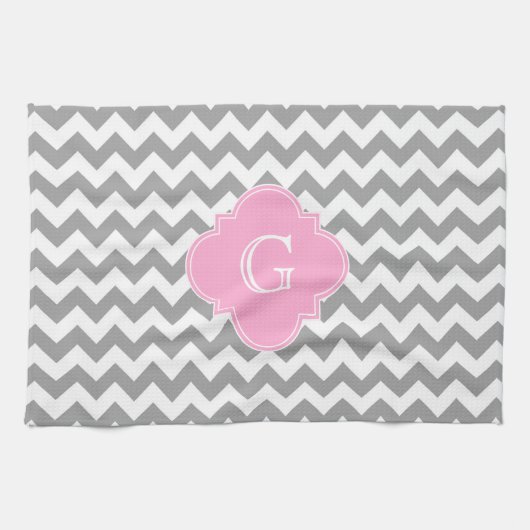 Gray Wht Chevron Pink Quatrefoil Monogram Theedoek (Horizontaal)