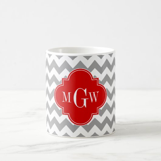 Gray Wht Chevron Red Quatrefoil 3 Monogram Koffiemok (Center)