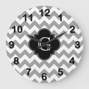 Gray Wht Chevron ZigZag Black Quatrefoil Monogram Grote Klok
