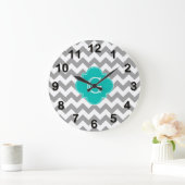Gray Wht Chevron ZigZag Blauwgroen Quatrefoil Mono Grote Klok (Huis)