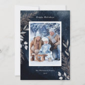 Gray Winter Foliage op Navy Blue Waterverf Foto Feestdagenkaart (Voorkant)