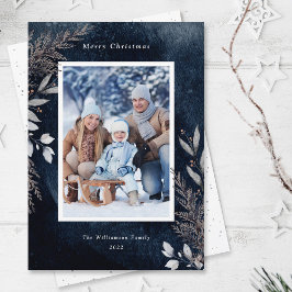 Gray Winter Foliage op Navy Blue Waterverf Foto Feestdagenkaart