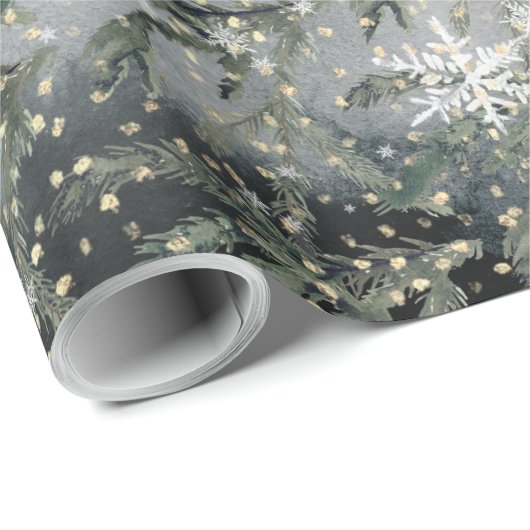 Gray Winter Spruce Tree Branch onder gouden sneeuw Cadeaupapier (Rol Hoek)