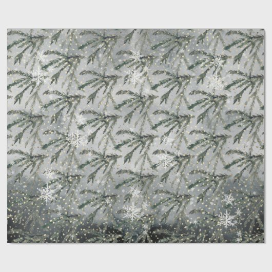 Gray Winter Spruce Tree Branch onder gouden sneeuw Cadeaupapier (Vlak)