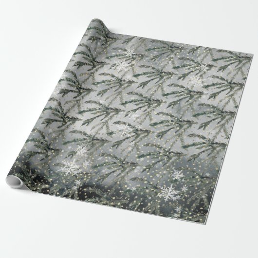 Gray Winter Spruce Tree Branch onder gouden sneeuw Cadeaupapier (Uitgerold)