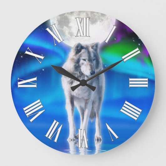 Gray Wolf & Aurora Moon Wildlife Art Clock Grote Klok (Voorkant)