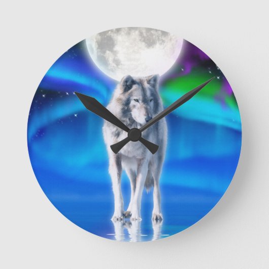Gray Wolf & Aurora Moon Wildlife Art Clock Ronde Klok (Voorkant)