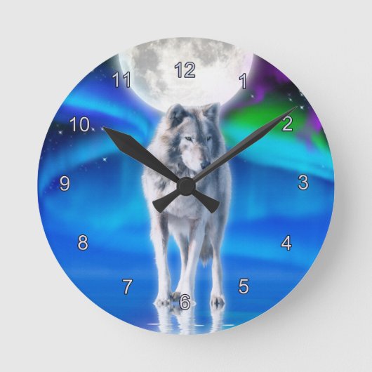 Gray Wolf & Aurora Moon Wildlife Art Clock Ronde Klok (Voorkant)