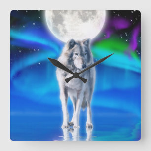 Gray Wolf & Aurora Moon Wildlife Art Clock Vierkante Klok