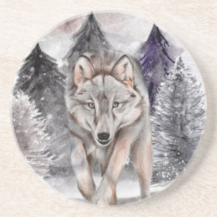 Gray Wolf Waterverf Winter Forest Stone Onderzette Zandsteen Onderzetter