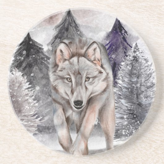 Gray Wolf Waterverf Winter Forest Stone Onderzette Zandsteen Onderzetter (Voorkant)