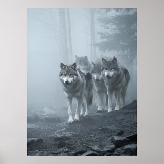 Gray Wolves in Thick Mist Poster (Voorkant)
