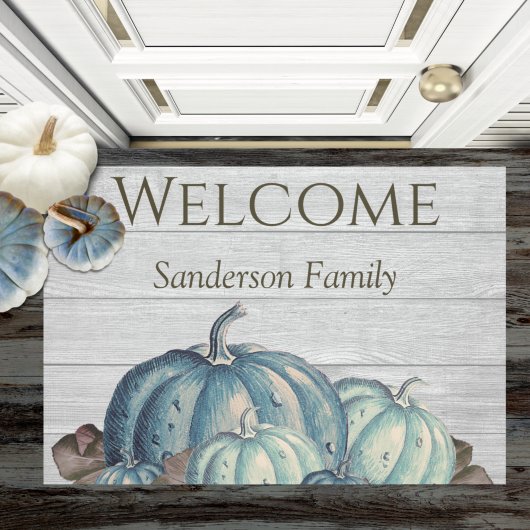 Gray Wood Blue Pumpkin Rustic Cute Doormat Deurmat