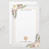 Gray Wood Dusty Floral Apple Teacher Personalized Briefpapier (Voorkant / Achterkant)