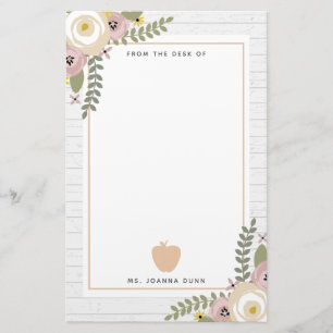 Gray Wood Dusty Floral Apple Teacher Personalized Briefpapier