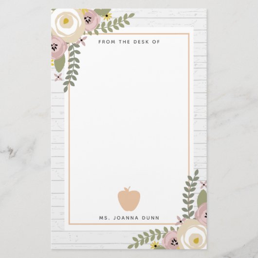 Gray Wood Dusty Floral Apple Teacher Personalized Briefpapier (Voorkant)