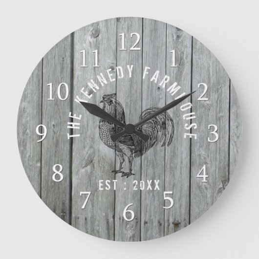 Gray Wood Familienaam Farmhouse Rooster Grote Klok (Voorkant)