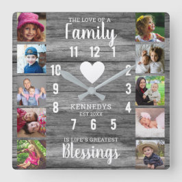 Gray Wood Family Quote 10 Square Photo Collage Vierkante Klok