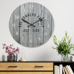 Gray Wood Farmhouse Naam Grote Klok<br><div class="desc">Gray Wood Family Name Farmhouse Wall Clock - Farmhouse stijl wall klokjes voor de perfecte aanvulling om je keuken een landdecor te geven.Personaliseer je met familienaam en jaar voor een unieke boerderijwandklok.</div>