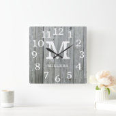 Gray Wood Grote Nummers Familienaam Monogram Vierkante Klok (Huis)