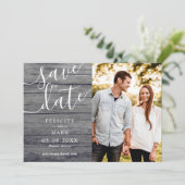 Gray Wood Rustic Typography Custom Photo Wedding Save The Date (Staand voorkant)