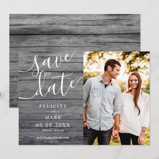 Gray Wood Rustic Typography Custom Photo Wedding Save The Date (Voorkant / Achterkant)