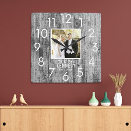 Gray Wood Wedding Anniversary Personalized Photo Vierkante Klok