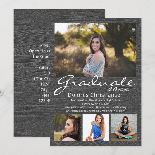 Gray Woodgrain Modern 4 Foto Afstuderen Kaart (Voorkant / Achterkant)
