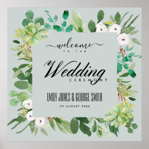 GRAY WREATH FOLIAGE WATERVERF WEDDING WELKOM POSTER