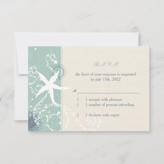 Grayed Jade en Ivory Starfish Beach Weddenschap RS RSVP Kaartje (Voorkant)