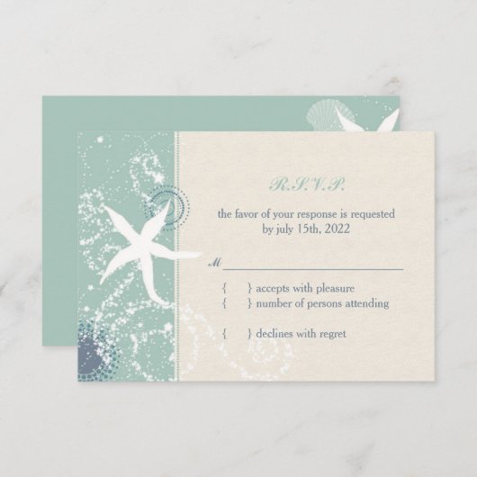 Grayed Jade en Ivory Starfish Beach Weddenschap RS RSVP Kaartje (Voorkant / Achterkant)