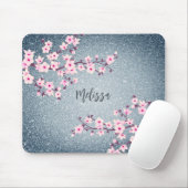 Grayish Blue Glitter Cherry Blossom Monogram Muismat (Met muis)