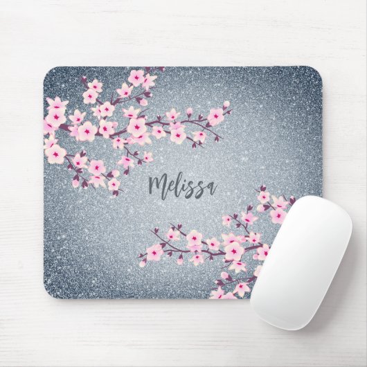 Grayish Blue Glitter Cherry Blossom Monogram Muismat (Met muis)