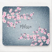 Grayish Blue Glitter Cherry Blossom Monogram Muismat (Voorkant)